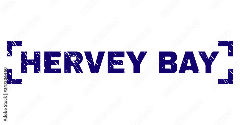 HERVEY BAY label seal stamp with grunge texture. Text tag is placed inside corners. Blue vector rubber print of HERVEY BAY with grunge texture.