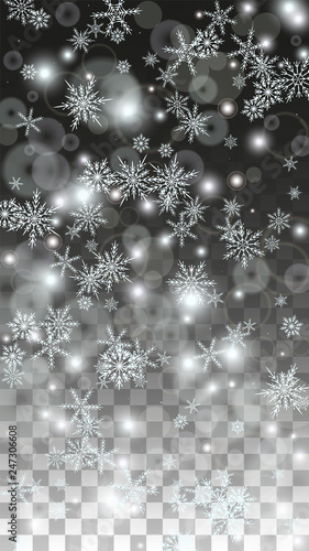 Christmas  Vector Background with White Falling Snowflakes Isolated on Transparent Background. Realistic Snow Sparkle Pattern. Snowfall Overlay Print. Winter Sky. Design for Party Invitation.