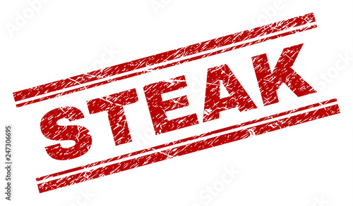 STEAK seal print with grunge texture. Red vector rubber print of STEAK text with unclean texture. Text caption is placed between double parallel lines.