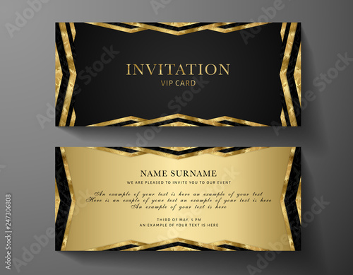 Luxurious VIP Invitation template with gold, black background and decorative golden Art Deco modern elements. Premium class design for Gift certificate, Voucher, Gift card 