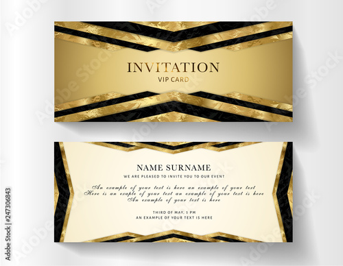 Luxurious VIP Invitation template with gold background and decorative golden Art Deco modern elements. Premium class design for Gift certificate, Voucher, Gift card 