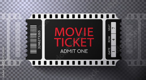 Admission movie ticket template. Black vector mockup pass (tear-off) with film tape creative background design. Useful for cinema event, entertainment show entry