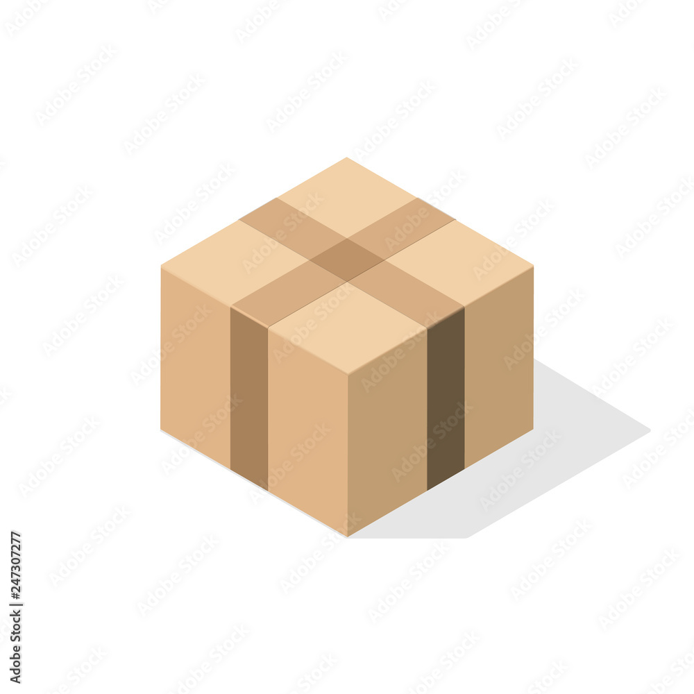 Miniature 3D box in the version with a closed lid of light brown cardboard taped. Object on a white background with a flat shadow for icons, ads, banners, filling sites. Isometric style. Miniature 3D box in the version with a closed lid of light brown cardboard taped. Object on a white background with a flat shadow for icons, ads, banners, filling sites. Isometric style.