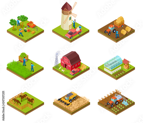 Isometric farm. Farmer tractor lorry and harvester. Livestock and agricultural green plants. 3d farmland vector set. Illustration of farm isometric, farmer 3d with barn and tractor