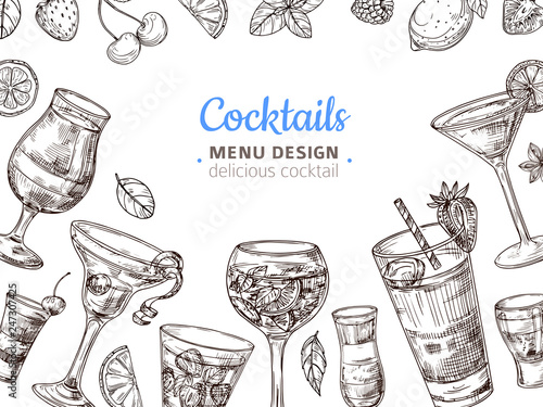 Hand drawn cocktail background. Engraving cocktails alcoholic drinks vintage vector illustration. Illustration of alcohol cocktail menu