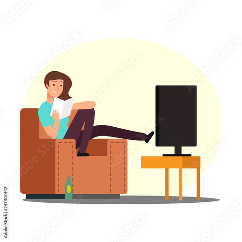 Cartoon woman rest on chair with book, tv and beer bottle vector illustration. Woman rest with book, girl character on sofa