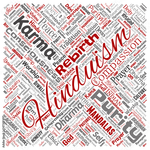 Vector conceptual hinduism, shiva, rama, yoga square red word cloud isolated background. Collage of mandalas, samsara, celebration, tradition, peace, compassion, rebirth, karma, dharma concept