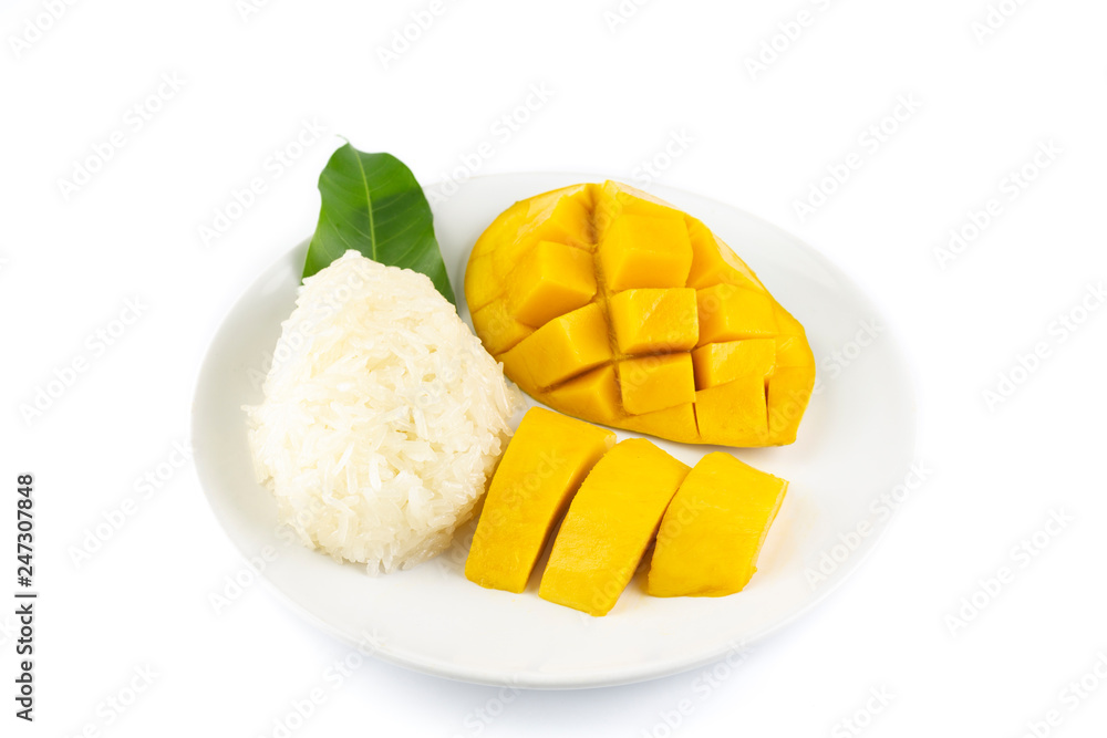 yellow Mango with sticky rice on a white plate Isolated on white background yellow Mango with sticky rice on a white plate Isolated on white background