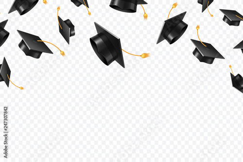 Graduate caps flying. Black academic hats in air. Education isolated vector concept. Finish college education, graduation school illustration