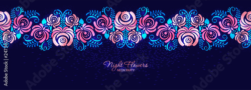 Vector night roses neon magenta floral seamless banner. Graphic flowers background. Header Silhouette gzhel blossom roses and leaves on a dark blue backdrop in russian ornament style
