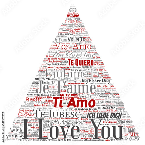 Vector conceptual sweet romantic I love you multilingual message triangle arrow word cloud isolated background. Collage of valentine day, romance affection,  happy emotion or passion lovely concept