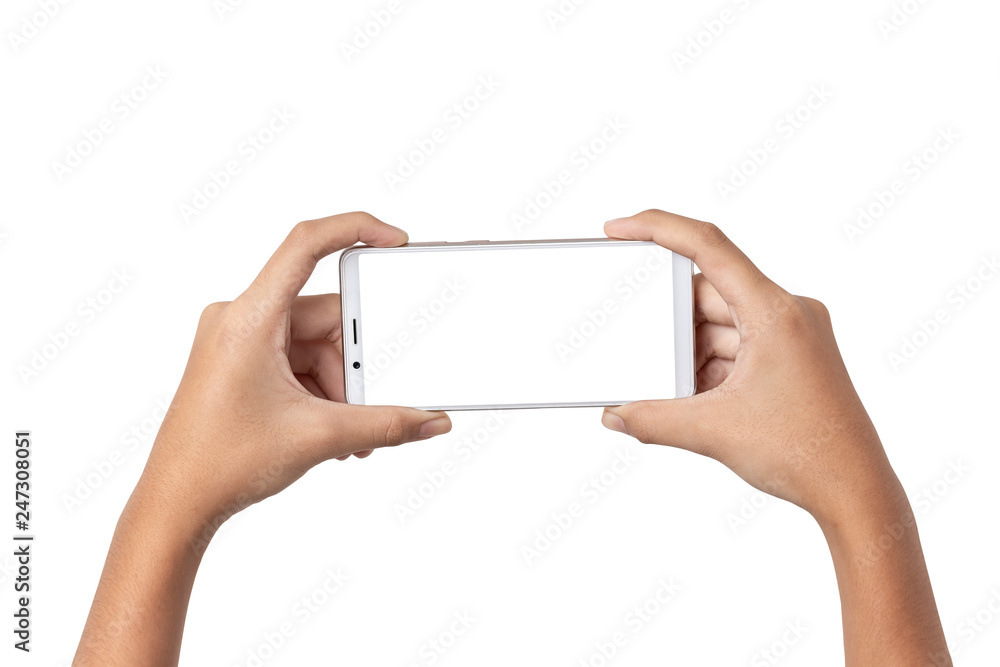 Hand young woman holding mobile smartphone with blank screen isolated on white background with clipping path Hand young woman holding mobile smartphone with blank screen isolated on white background with clipping path