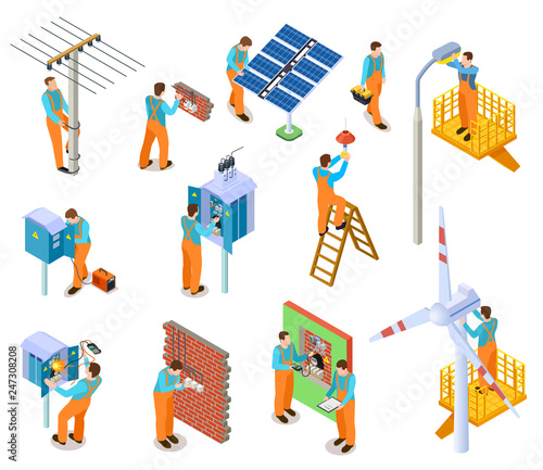 Electrician isometric set. Workers doing safety electric works. Electrical maintenance man repairing power lines vector 3d characters. Illustration of electrician worker man, professional work service