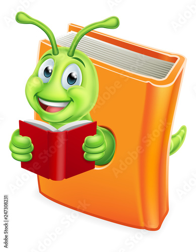 A cute bookworm caterpillar worm cartoon character education mascot eating through a book reading 