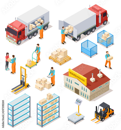 Delivery isometric. Logistic, distribution warehouse, truck with people workers carrying boxes package. 3d cargo industry vector set. Illustration of truck logistic transport, industrial delivery