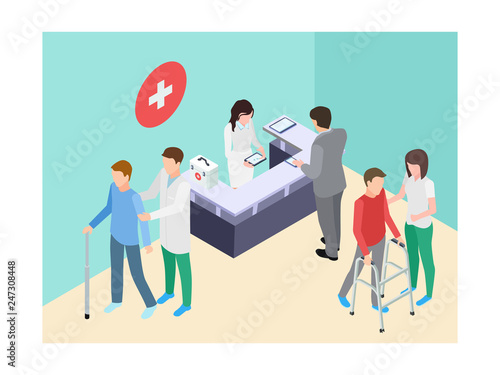 Isometric hospital registry, doctors, staff and patients vector illustration. Medical doctor and reception assistance