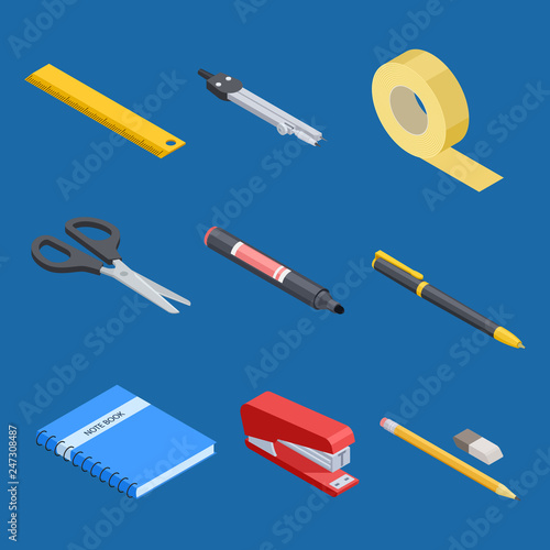 Isometric stationery and office tools vector elements. Illustration of office tool, stationery equipment