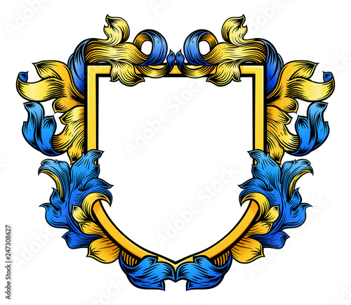 A coat of arms crest heraldic medieval knight or royal family shield. Blue and yellow vintage motif with filigree leaf heraldry.