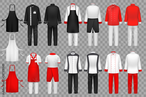 Culinary clothing. Chef uniform, kitchen textile clothes vector isolated set. Cloth for waiter apron clothing, fashion outfit uniform for kitchen illustration