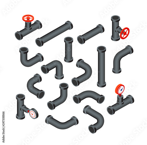 Isometric pipes. Water tubes, pipeline with valve. Oil, gas industry tube construction. Plastic plumbing system 3d vector isolated set. Illustration of pipeline plumbing plastic