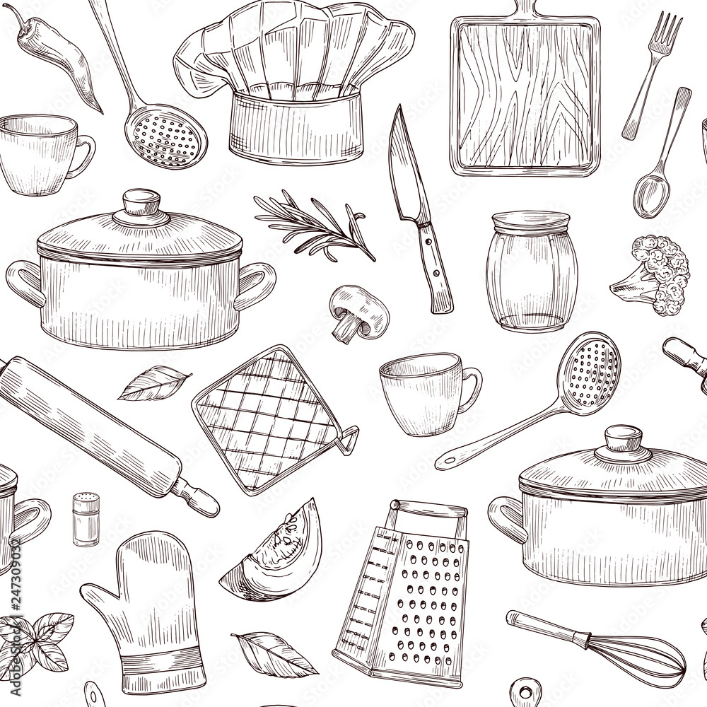 Fototapeta Wzór narzędzia kuchenne. Szkic przybory kuchenne ręcznie rysowane przybory kuchenne. Grawerowane elementy kuchenne tło wektor. Ilustracja sprzętu kuchennego, akcesoriów kuchennych, rondla i łyżki
