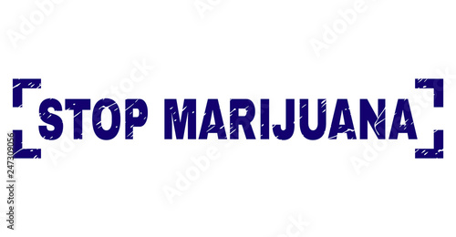 STOP MARIJUANA title seal print with corroded texture. Text title is placed between corners. Blue vector rubber print of STOP MARIJUANA with dirty texture.