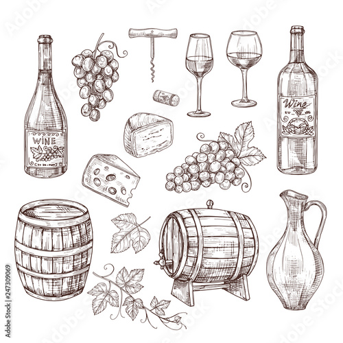 Sketch wine set. Grape, wine bottles and wineglass, barrel. Hand drawn vintage alcoholic beverages vector set. bottle, wineglass and wine alcohol beverage illustration