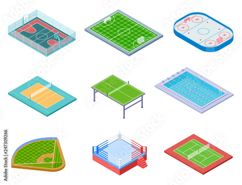Sport fields isometric. Sports playgrounds handball soccer water area baseball volleyball tennis hockey 3d vector set isolated. Illustration of hockey and soccer, tennis and basketball field