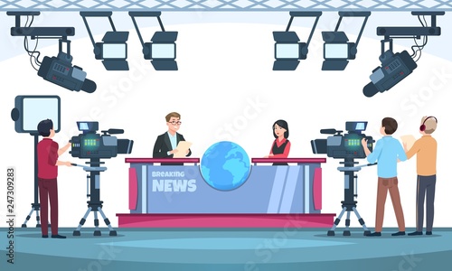 News tv show studio. Presenters broadcasting with cameraman on television. People talking to camera in studio. Vector illustration. Cameraman team , news studio television