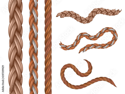 Realistic vector nautical cables, seamless ropes isolated on white background. Illustration of rope and cable, fiber cord, part of jute