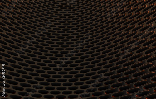 Metal mesh grild. Abstract 3d rendering background in high resolution. 3d render of black carbon grid with orange light.