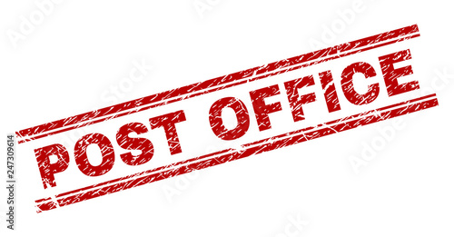 POST OFFICE seal print with grunge texture. Red vector rubber print of POST OFFICE tag with unclean texture. Text title is placed between double parallel lines.