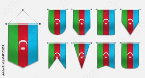 Set of hanging flags of the AZERBAIJAN with textile texture. Diversity shapes of the national flag country. Vertical Template Pennant for background, banner, web site,award, achievement, festival.