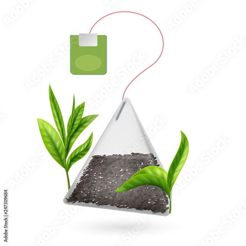 Realistic vector tea bag pyramid with tea leaves isolated on white background. Vector aromatic teabag for hot beverage illustration