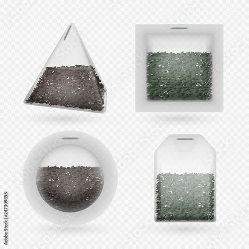 Vector tea bags with black and green brewing tea isolated on transparent background. Set of teabag form for teatime, organic refreshment beverage illustration photo