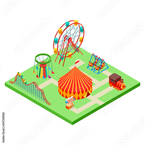 Isometric amusement park vector illustration isolated on white. Amusement isometric carousel and tent