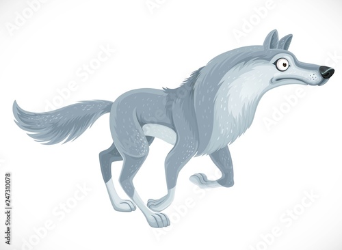 Wild cartoon gray wolf run forward isolated on white background