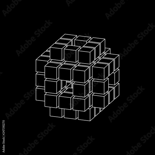 Abstract 3d cube from cubes. Dimetric projection. Vector outline illustration.