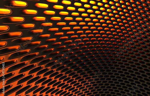 Metal mesh grild. Abstract 3d rendering background in high resolution. 3d render of black carbon grid with orange light.