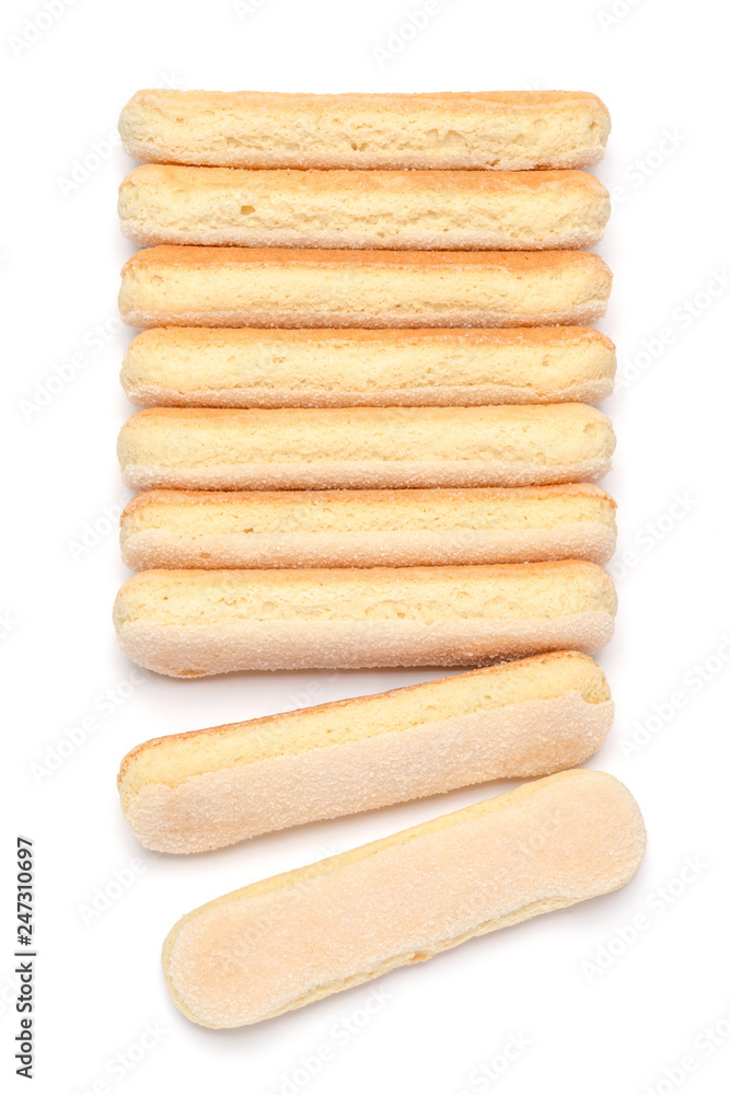 Traditional Italian Savoiardi ladyfingers Biscuits on White Background Traditional Italian Savoiardi ladyfingers Biscuits on White Background