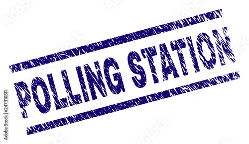 POLLING STATION seal print with grunge style. Blue vector rubber print of POLLING STATION title with grunge texture. Text title is placed between parallel lines.