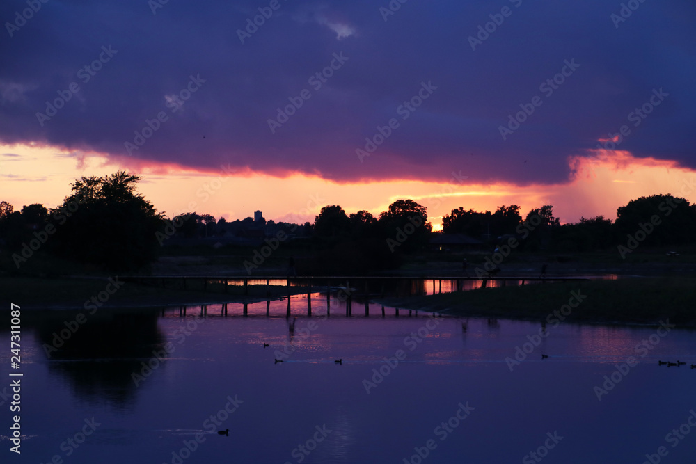 The birds gather in the lake where the water turned to purple by the dark clouds in the sunset.