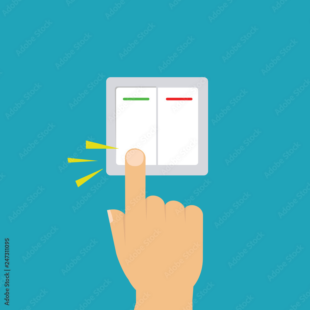 Hand turning on the light. Toggle switch. Electric control concept ...