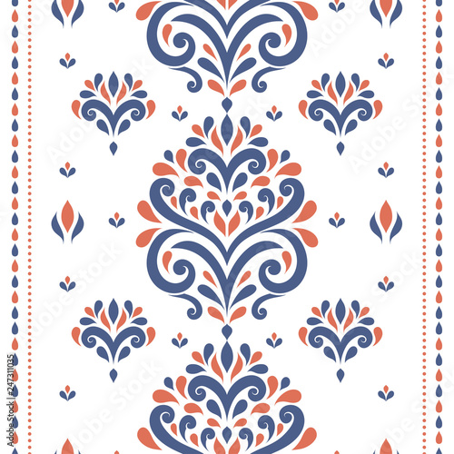 Blue and orange vintage vector seamless pattern, wallpaper. Elegant classic texture. Luxury ornament. Royal, Victorian, Baroque elements. Great for fabric and textile, wallpaper, or any desired idea.