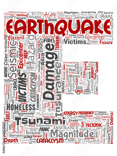 Vector conceptual earthquake activity letter font E red word cloud isolated background. Collage of natural seismic tectonic crust tremble, violent tsunami waves risk, tectonic plates shifting concept