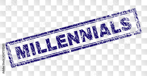 MILLENNIALS stamp seal watermark with rubber print style and double framed rectangle shape. Stamp is placed on a transparent background.