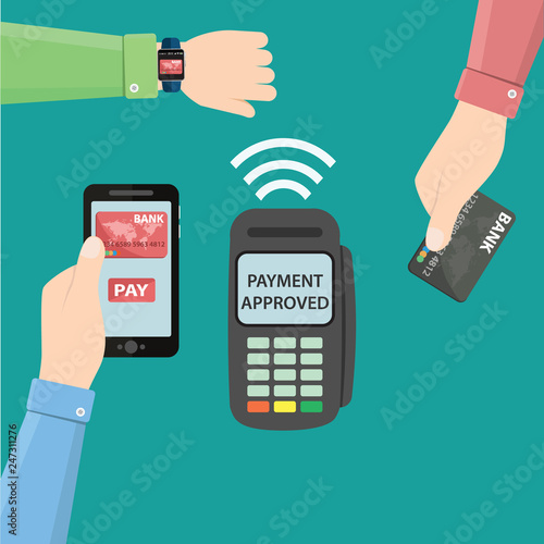 Hands with smartphone, smartwatch and bank card near POS terminal. Wireless, contactless or cashless payments, rfid nfc. Vector illustration in flat style
