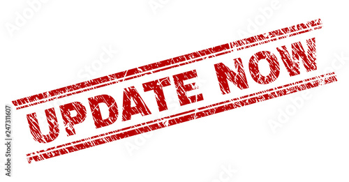 UPDATE NOW seal watermark with distress texture. Red vector rubber print of UPDATE NOW title with unclean texture. Text title is placed between double parallel lines.