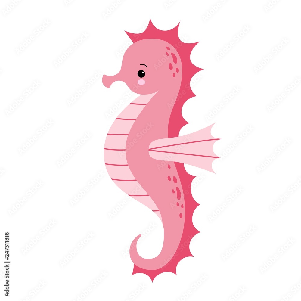Naklejka premium Cute cartoon pink Sea horse isolated. Seahorse on a white background, vector illustration.