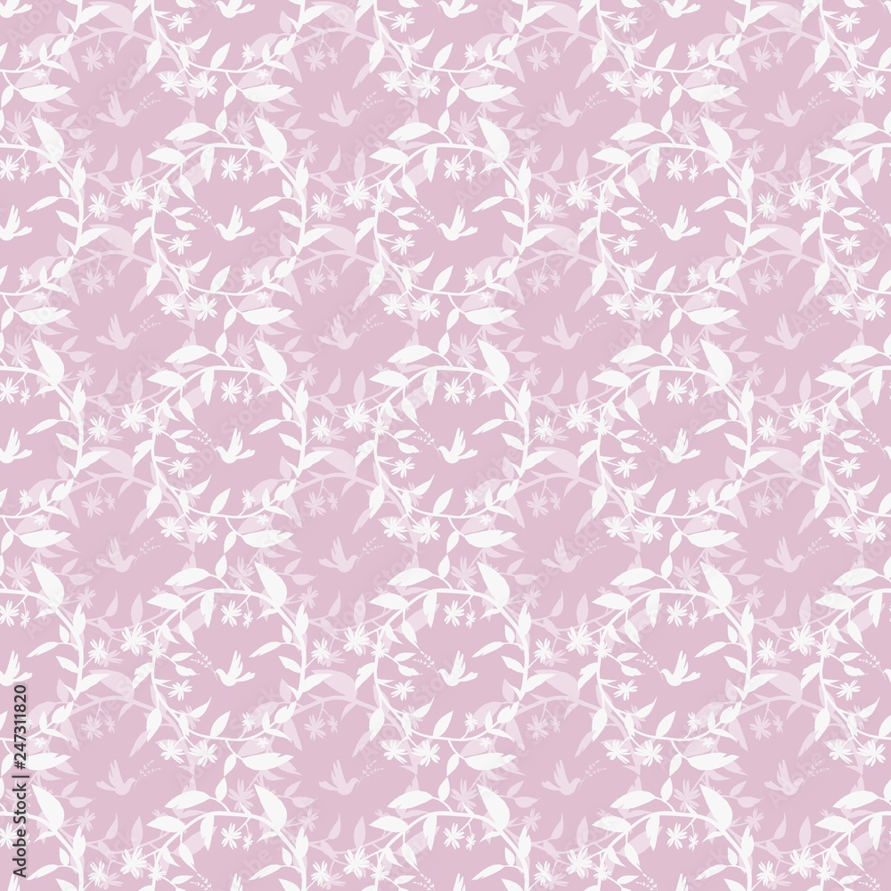 Seamless pink pattern with wreaths and birds.